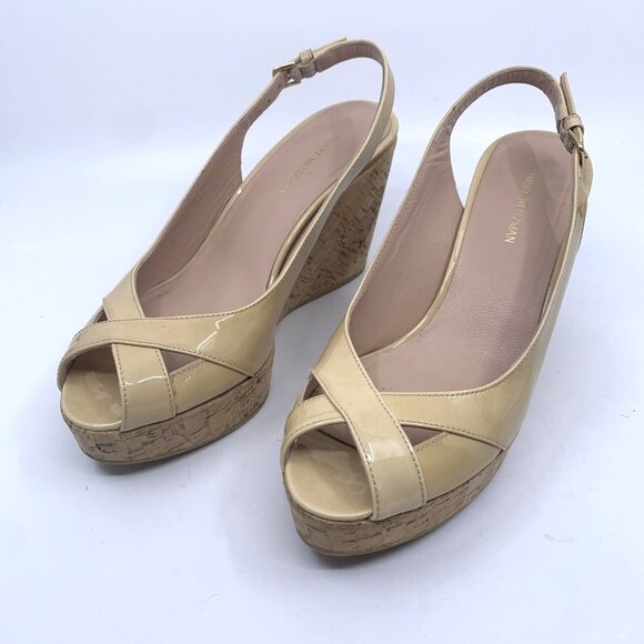 Stuart Weitzman Size 6.5M Adobe Nude Wedge Sandal Cork Peep Toe Slingback Patent - Picture 2 of 12